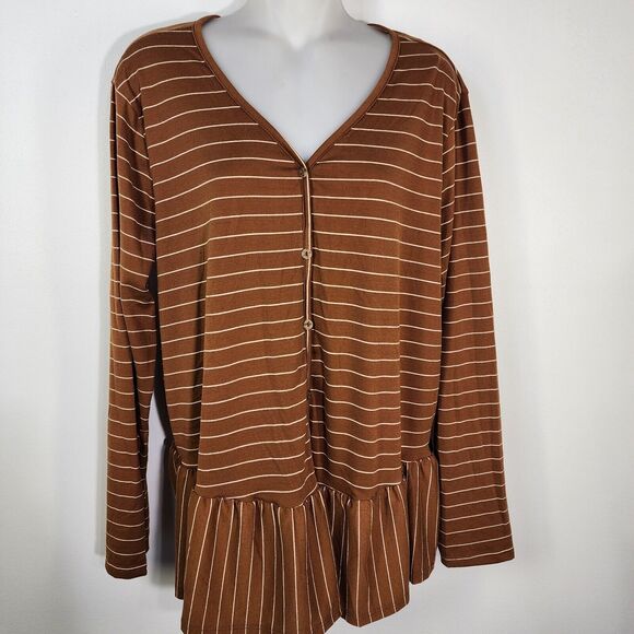Pink Blush Womens Top Large Button V Neck Brown Striped Peplum Hem Long Sleeve - Picture 3 of 8